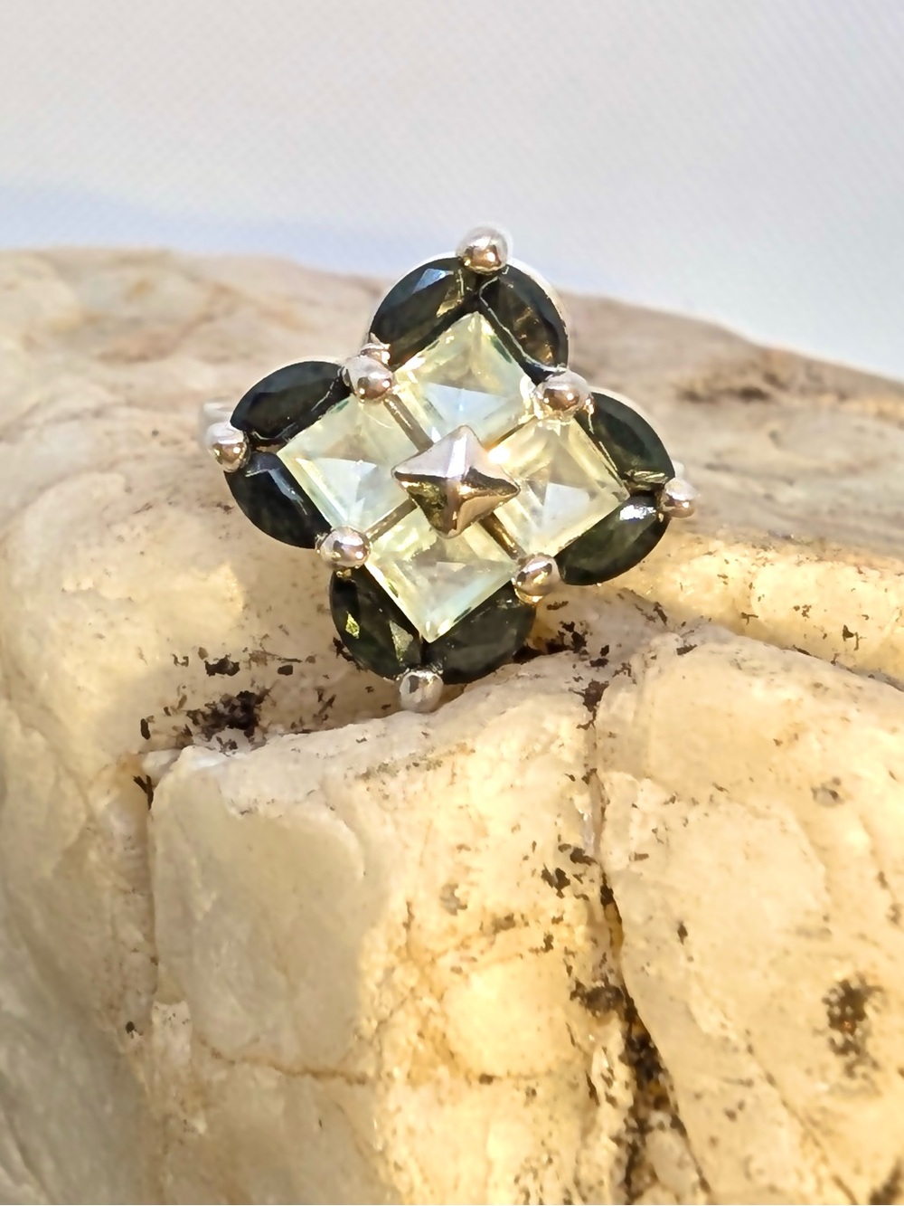 Rhodium over Sterling Black onyx and aquamarine baseball field Ring size 5